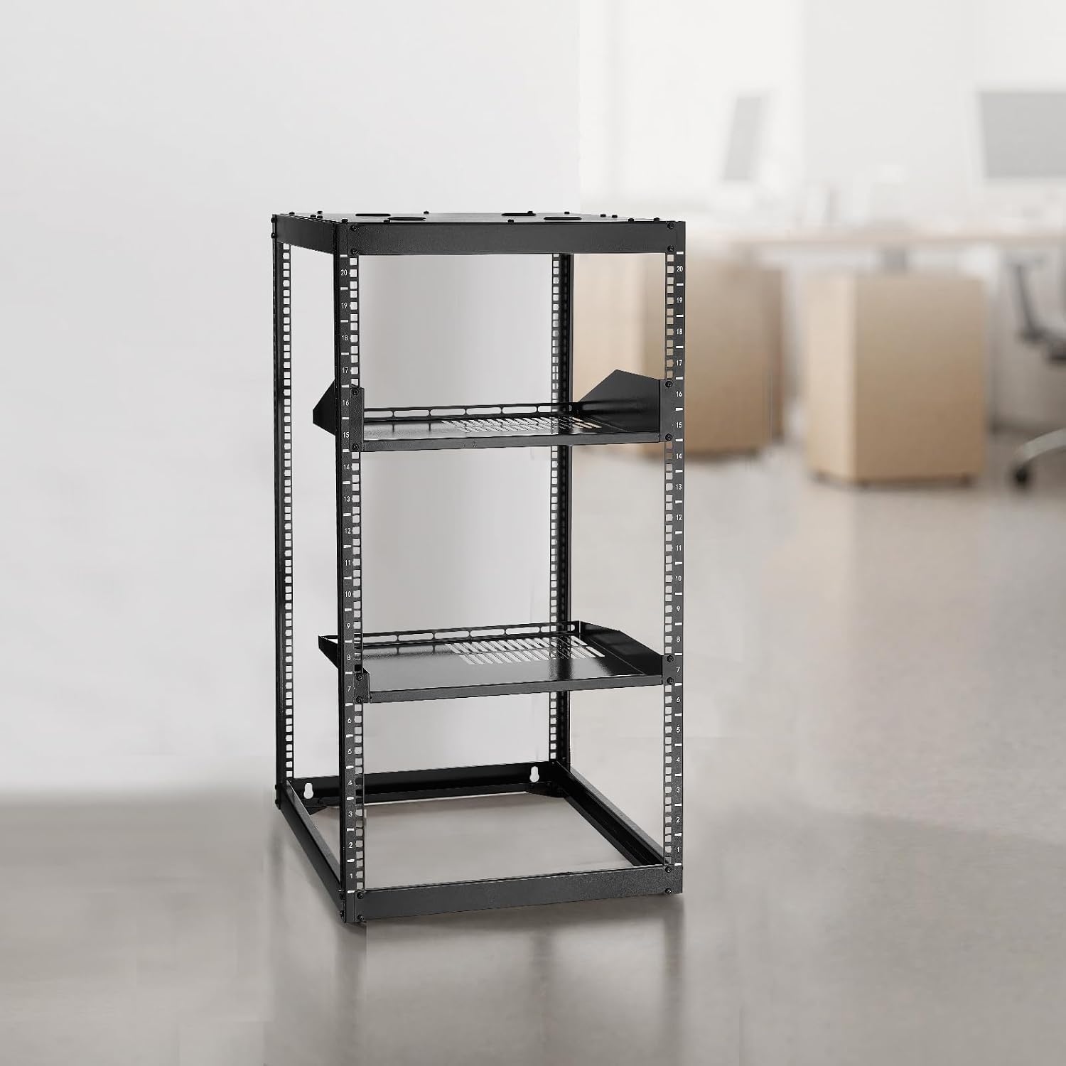 VEVOR 20U Server Rack, Open Frame Network Rack,4-Post Floor Standing or Wall Mounted, Includes 2PCS Vented 1U Rack Shelves & Mounting Hardware, Computer Wall Rack for 19' IT/AV Equipment