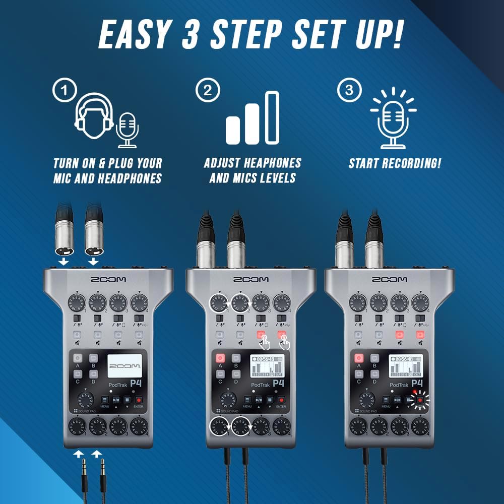 Zoom PodTrak P4 Portable Multitrack Podcast Recorder, Audio Interface w/ 4 Mic Inputs, 4 Headphone Outputs with 64GB SD, 4X Zoom Podcast Mic Pack, 4X Pop Filter Set, 4AA Rechargeable Batteries & More