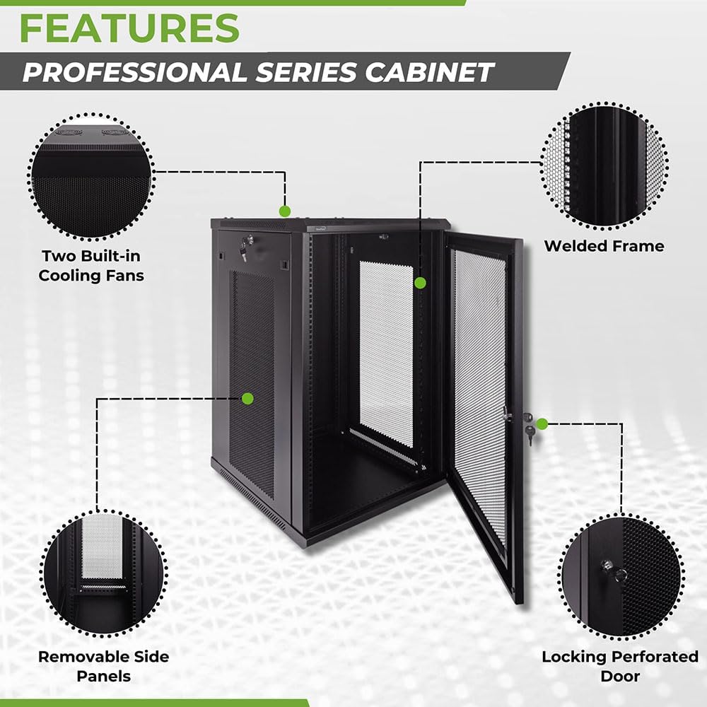 NavePoint 18U Wall Mount Network Cabinet for 19' IT Equipment, A/V, Perforated Enclosure, Lockable Door, 2 Fans, 600mm Depth, Max Weight 132 lbs