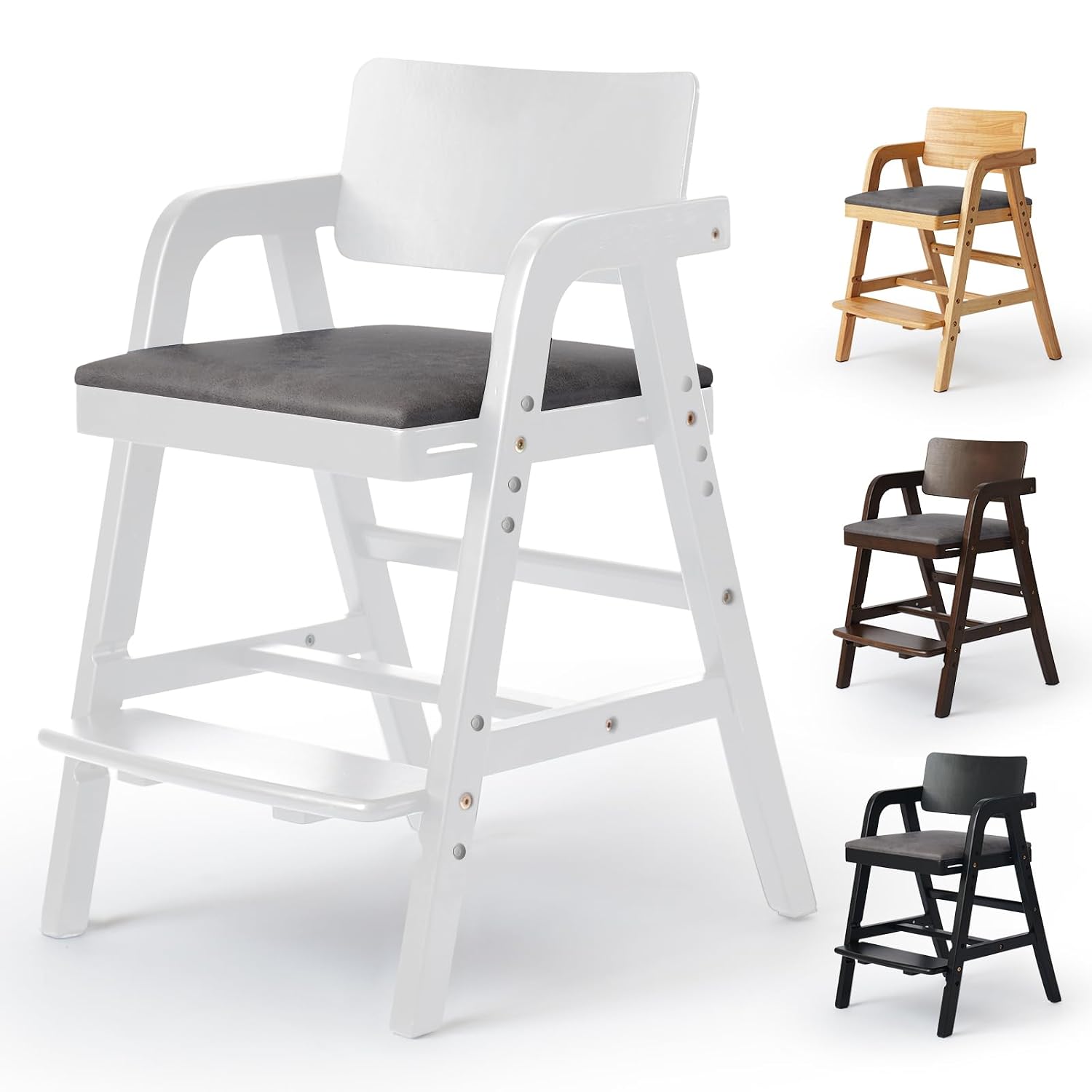 Wooden High Chair for Toddlers & Baby, Adjustable Dining Feeding Chair Grows with Kid, Convertible High Chair for Babies, Wipe Clean Skin-Friendly Cushion, for Home & Restaurant - White