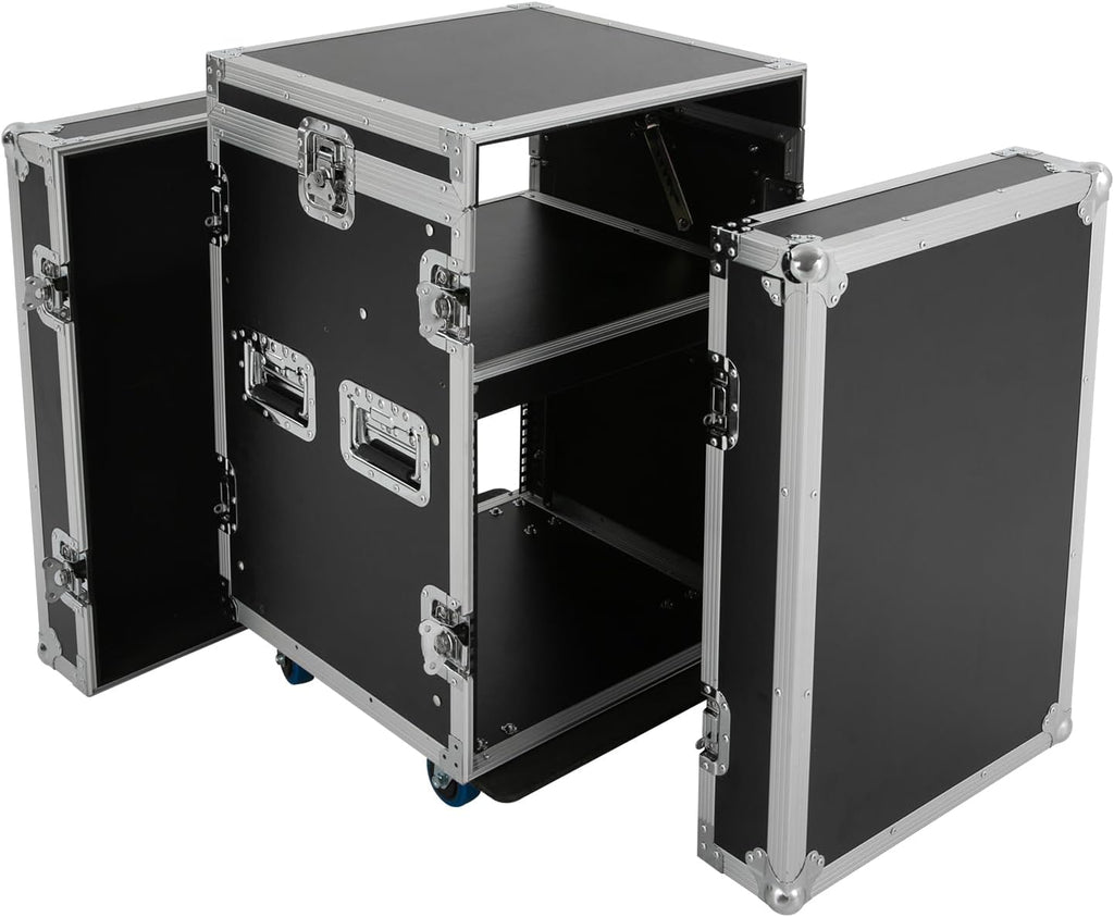 10U PA DJ Rack/Road ATA Case, Network & Stereo Rack with Slant Mixer Tops, 25'' Depth DJ Work Table Rolling Studio Equipment Cabinet, Amplifier Mixer Storage Stand for Pro Tour Grade, Live Sound