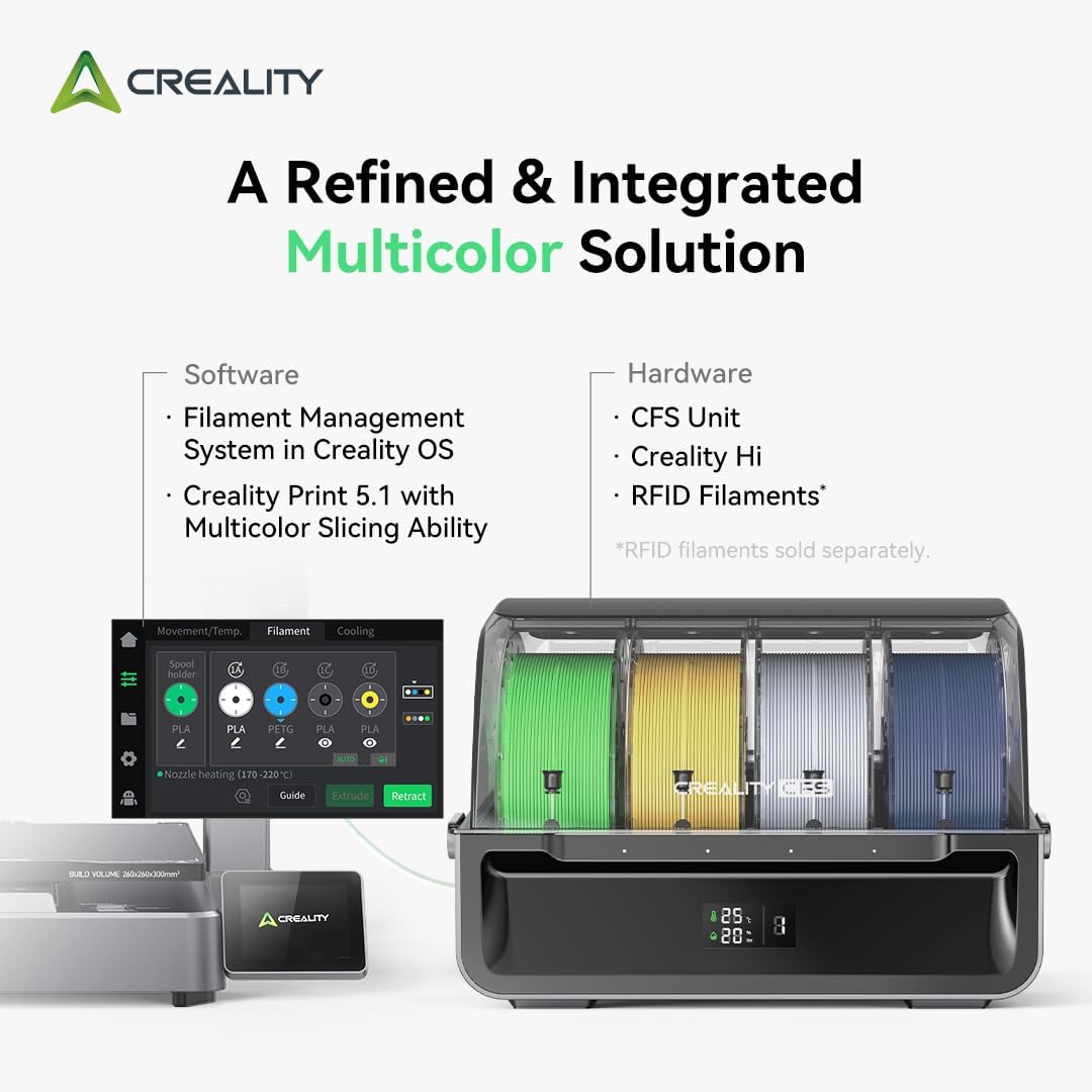 Creality Hi Combo (A) 3D Printer Multi Color 3D Printer with CFS 95% Pre-Assemble 500mm/s High Speed Auto-Leveling Automatic Filament Reading All-Metal Frame 10.24×10.24×11.81inch
