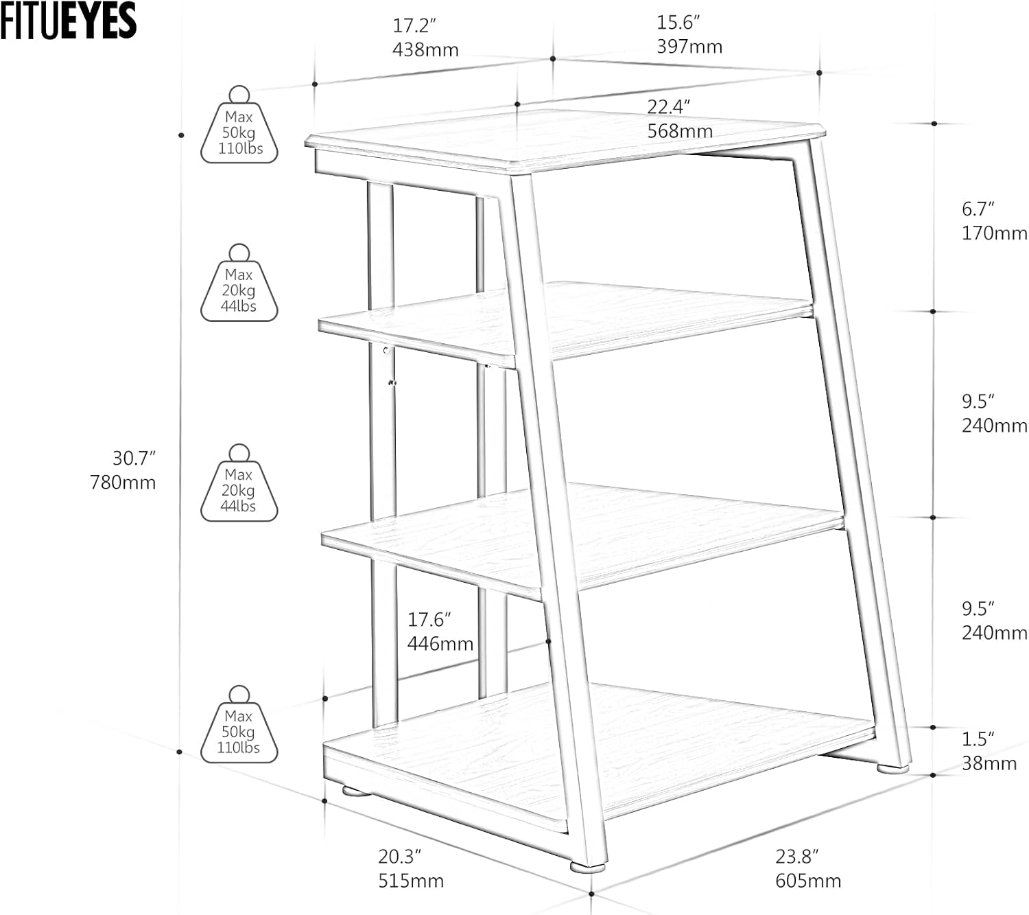 FITUEYES Design 4-Tier AV Media Stand Corner Shelf Stand Wooden Corner Shelves Component Cabinet Stereo Rack Audio Tower with Height Adjustable Wooden Shelves for/Xbox One/ps4 (Black)