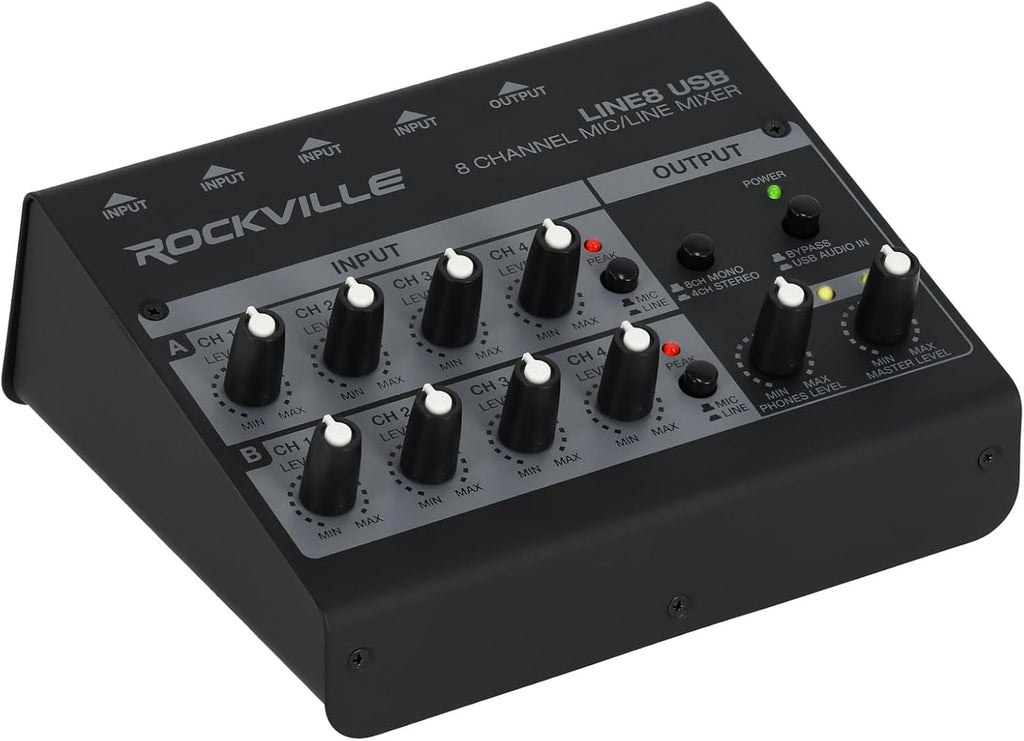 Rockville 4-Person Podcast Recording Package LINE8 USB 8-Channel Mixer and USB Audio Interface with (4) PRO-M50 Headphones, (4) RMIC-SR Mics, Stands, RHPA4 Amp, Cables (15 Items)