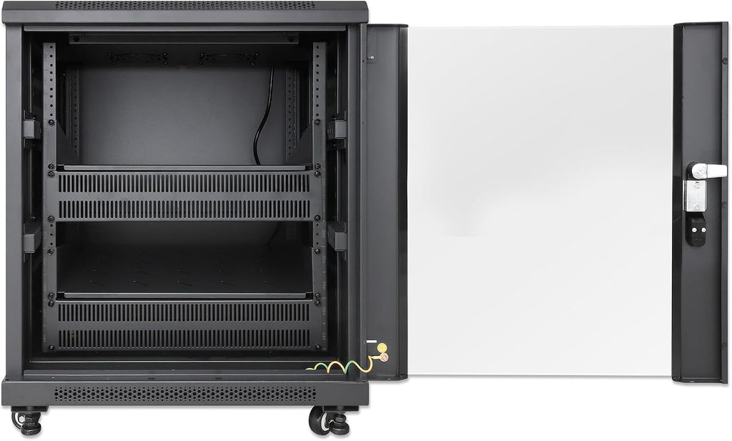 Intellinet 12U Network Server Rack Enclosure Cabinet with Integrated Fans – IP20 Rated, Reversible Tempered-Glass Front Door, Removable Side Panels – 3 Yr Mfg Warranty