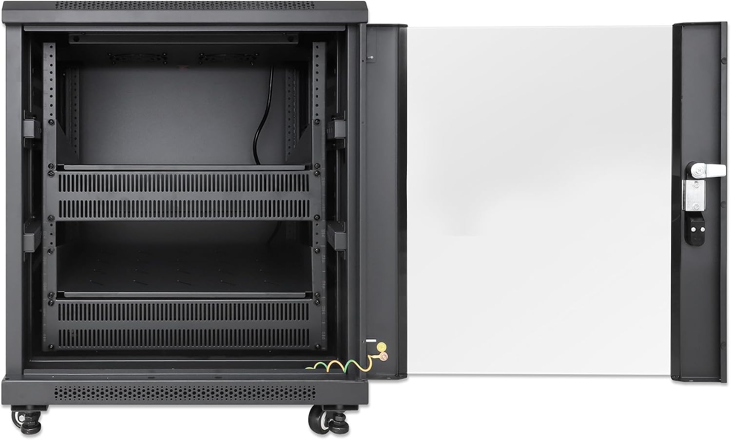 Intellinet 12U Network Server Rack Enclosure Cabinet with Integrated Fans – IP20 Rated, Reversible Tempered-Glass Front Door, Removable Side Panels – 3 Yr Mfg Warranty