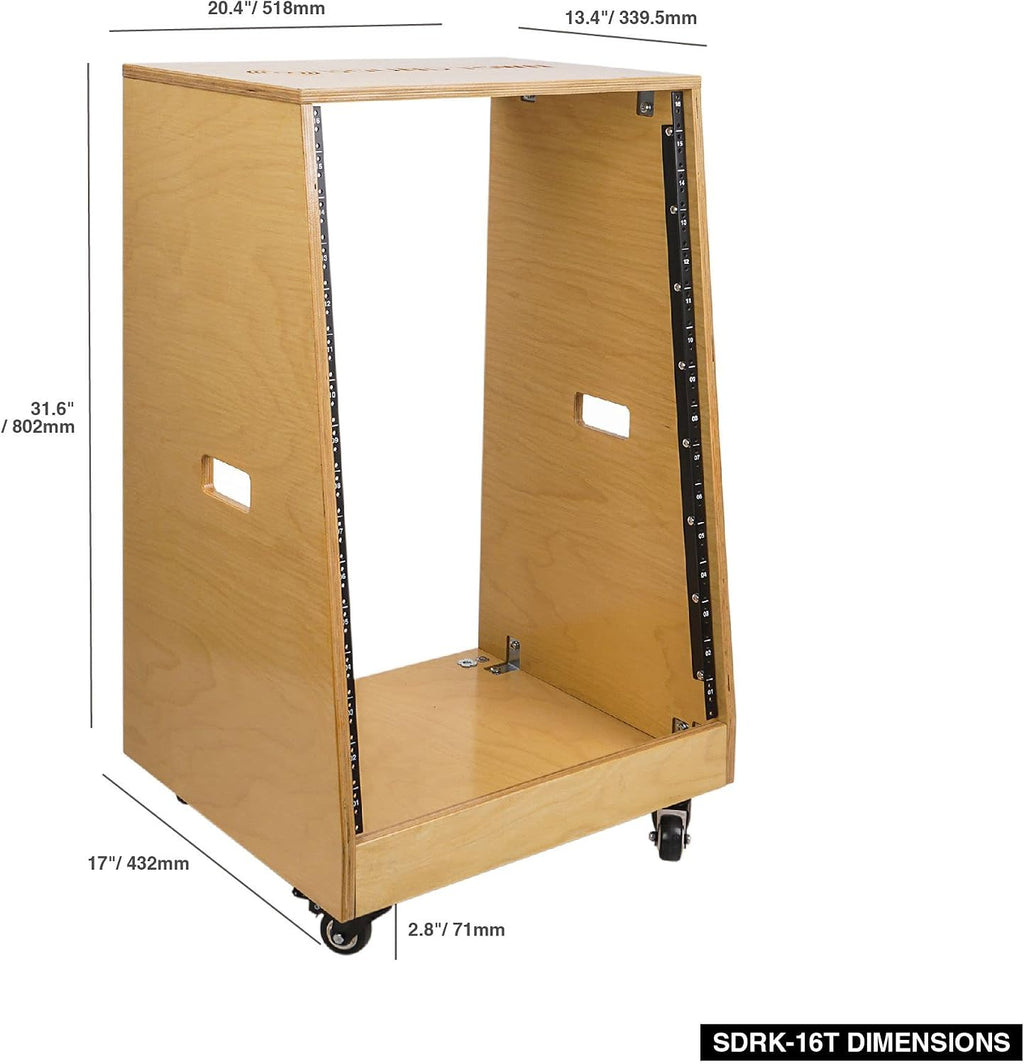 Sound Town DIY Solid Baltic Birch Plywood Slanted 16U Studio Rack, Golden Oak, Rubber Feet, Casters (SDRK-16T)