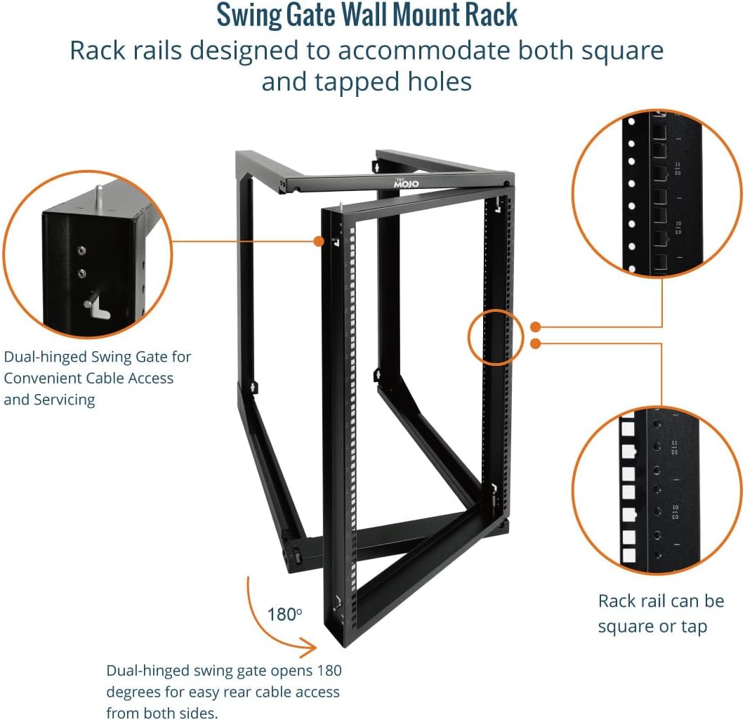 Tecmojo 18U Wall Mount Server Rack, Open Frame Network Rack for 19' Computer/AV/Data/IT/Media Equipment, 24' Depth, 16' Apart Mounting Holes, Swing Gate, Square and Tapped Holes