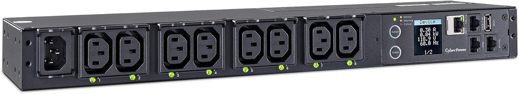 CyberPower PDU41004 Switched PDU, 100-240V/12A, (Derated to 12A UL /10A CE), 8 Outlets (C13), Input (C14) 10 ft. Cord, 1U Rackmount, 3 Year Warranty - Black