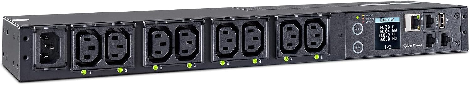 CyberPower PDU41004 Switched PDU, 100-240V/12A, (Derated to 12A UL /10A CE), 8 Outlets (C13), Input (C14) 10 ft. Cord, 1U Rackmount, 3 Year Warranty - Black