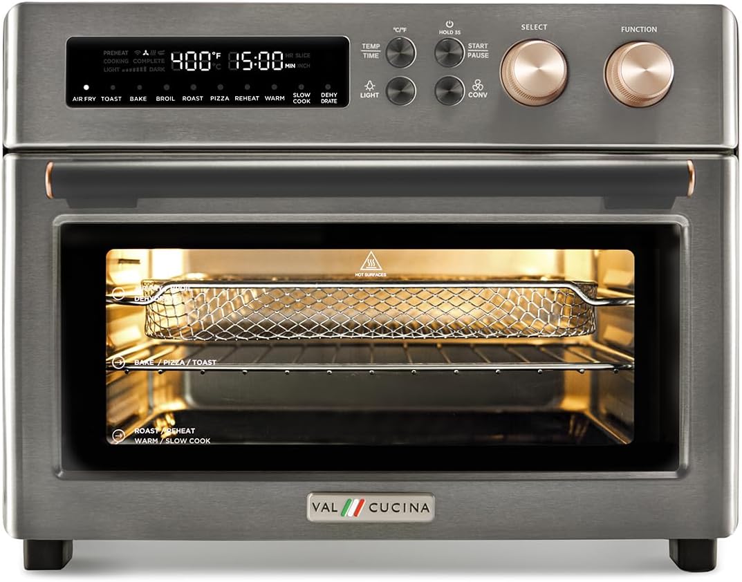 VAL CUCINA Infrared Heating Air Fryer Toaster Oven, Extra Large Countertop Convection Oven 10-in-1 Combo, 6-Slice Toast, Enamel Baking Pan Easy Clean with Recipe Book, Black Matte Stainless Steel