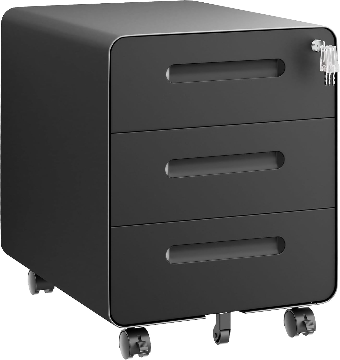 3 Drawer Under Desk Printer Stand with Lock, Mobile Rolling Printer Table for Home Office, Fully Pre-Assembled (Wheels Only to Attach), 4 Keys Included, Black