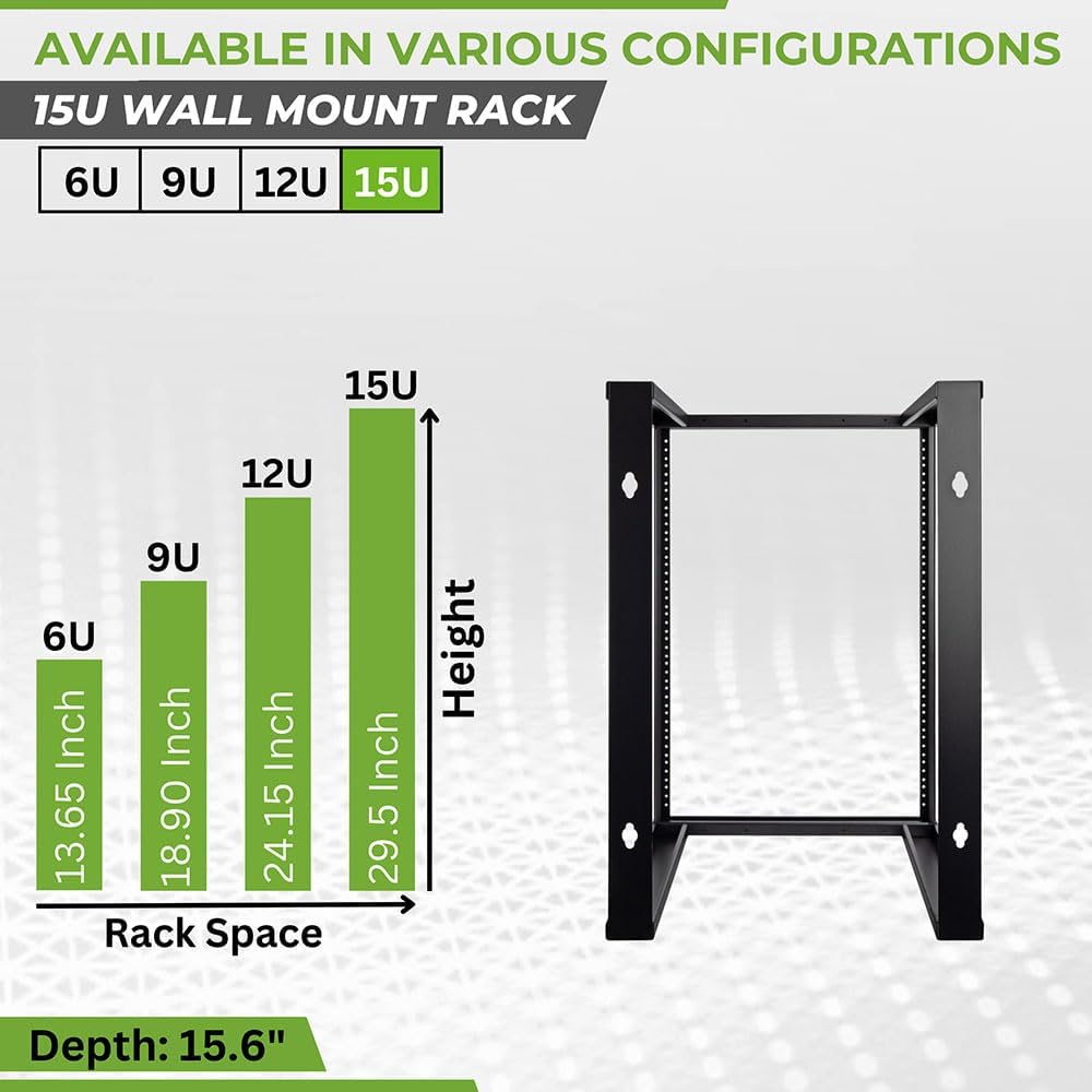 NavePoint 15U Wall Mount Open Frame 19 Inch Server Equipment Rack Threaded 16 inch Depth Black