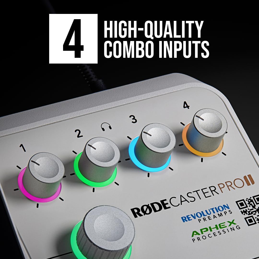 Rode RODECaster Pro II (White) Audio Production Console with 4x PodMic Microphones, PSA1+ Professional Boom Arms, Over-Ear Headphones, 32GB microSD Card & XLR Cables