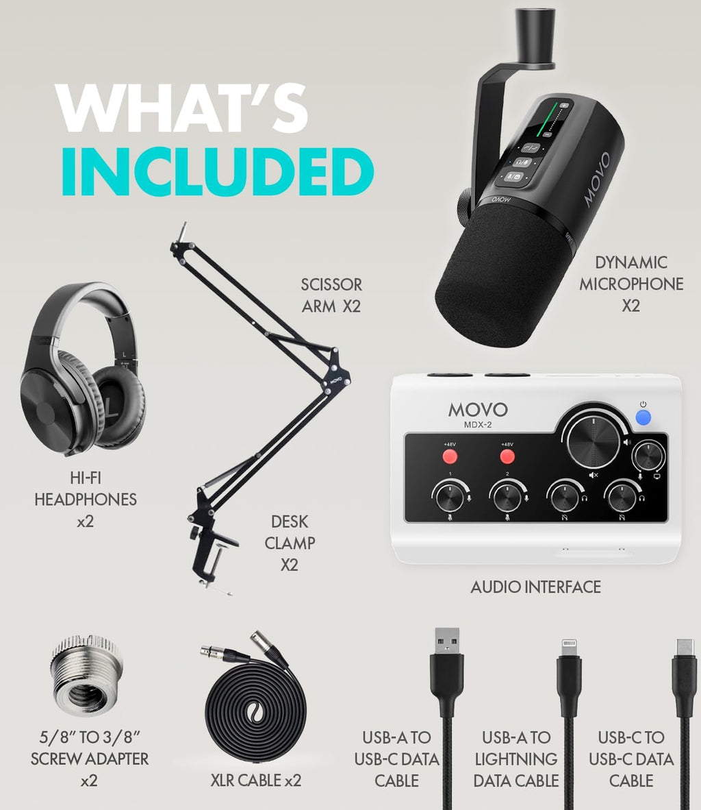 Movo Pro Portable Podcast Equipment Bundle for iPhone/Android Phones- Podcast Kit with Audio Interface, 2 UM6 Dynamic Mics, 2 Headphones, 2 Boom Arms - for Smartphones, Computers, PC, Mac