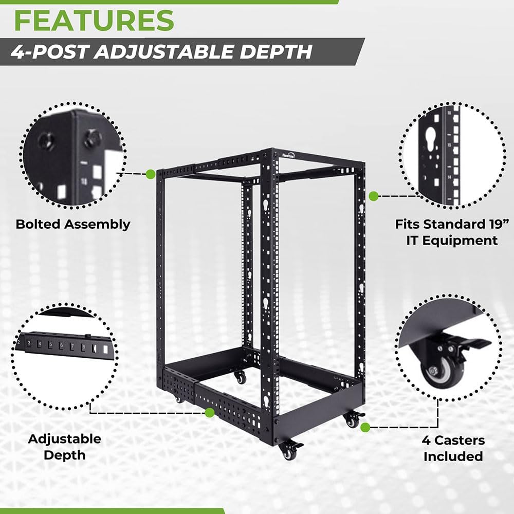 NavePoint 4-Post Open Frame Racks 19-inch Standard, Adjustable 22'-40', Square Holes/Cage Nuts - Parent
