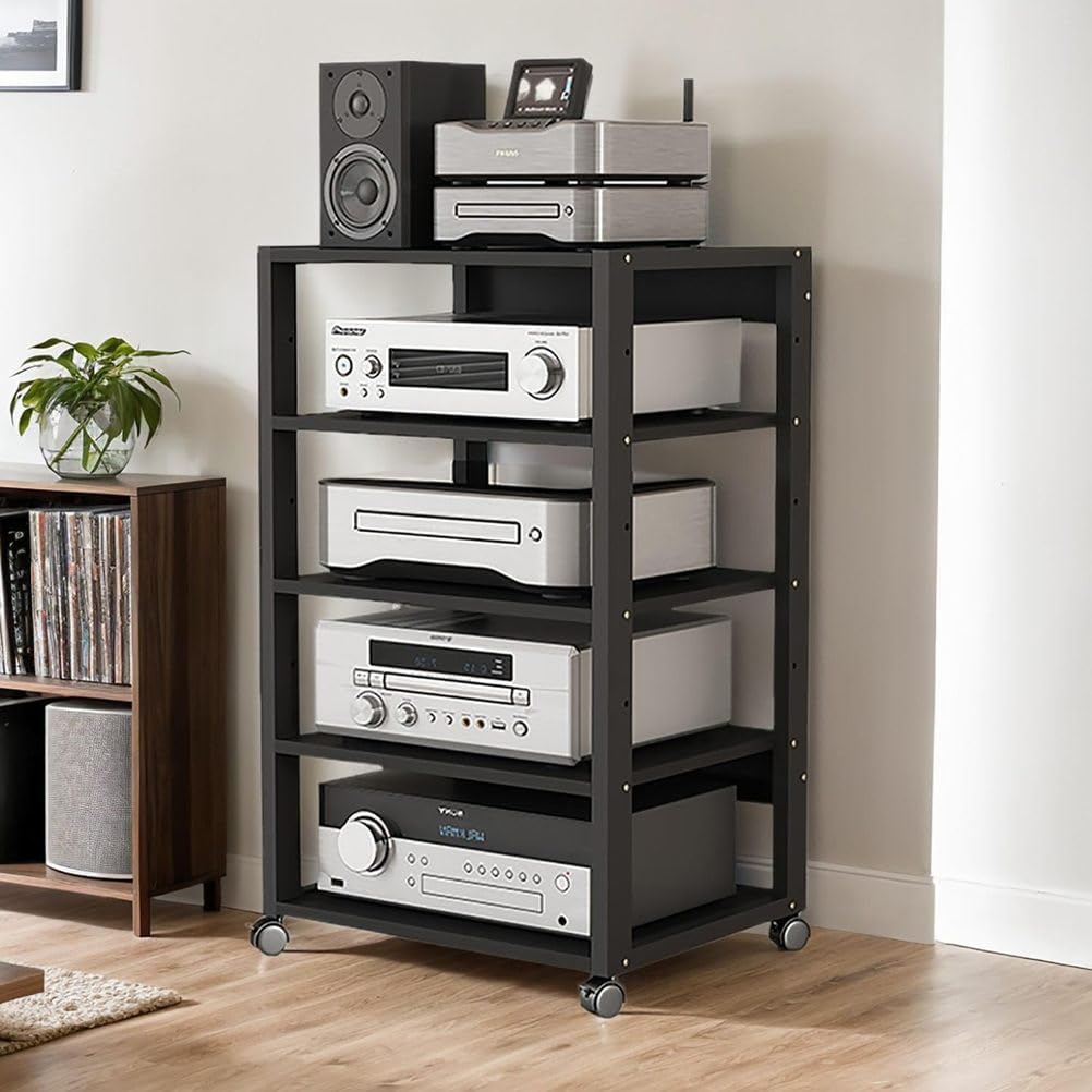 AV Media Tower Stereo Cabinet 3/4/5 Tier Floor-Standing Audio Rack CD DVD Record Player Stand Movable Corner Storage Shelf with Wheels for Home Theater,5 Tier