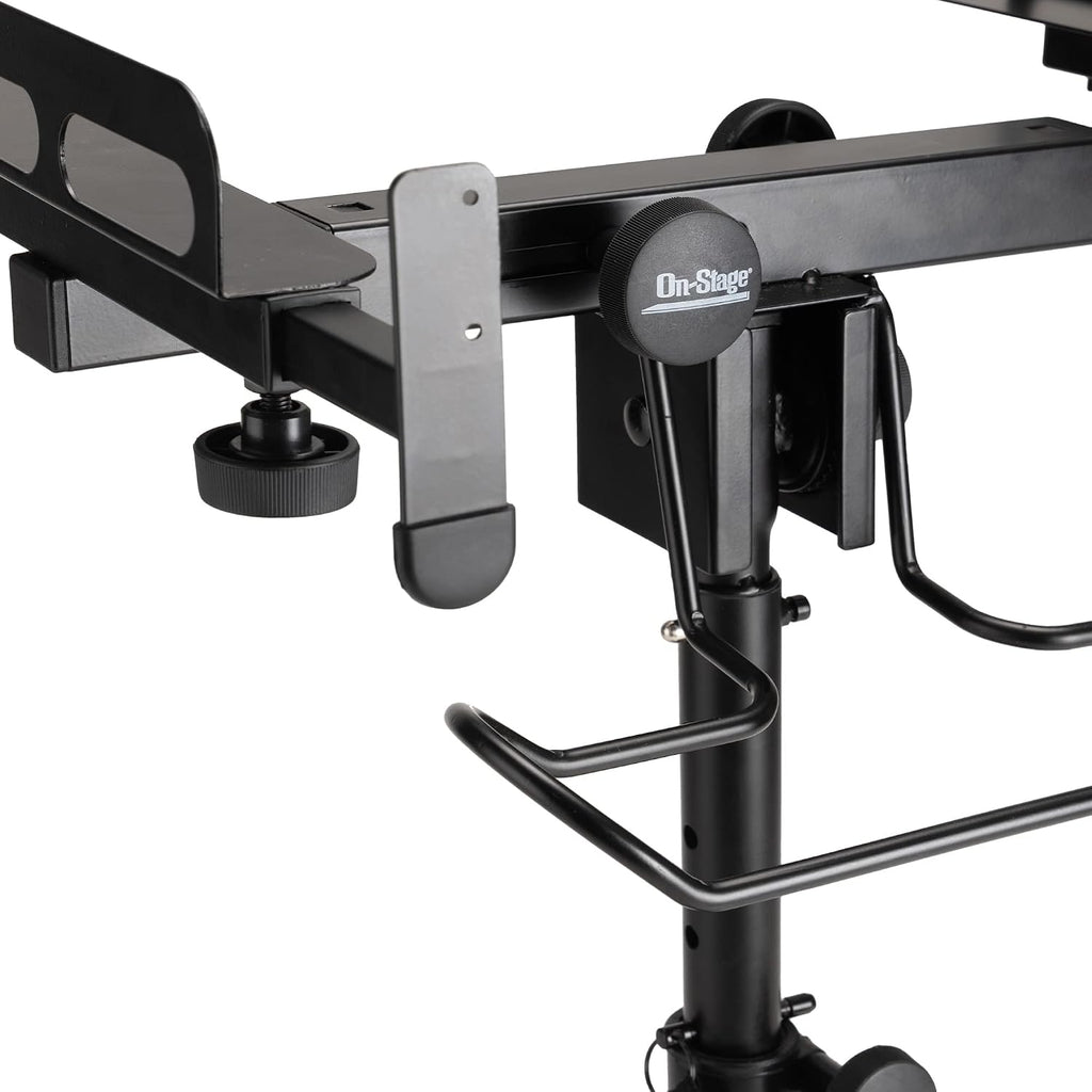 OnStage MIX-400 V2 Mobile Mixer Stand: Rolling platform for mixers, laptops, controllers. Height adjustable (28'-38'), rackmount compatible, headphone hanger. Portable, black finish.