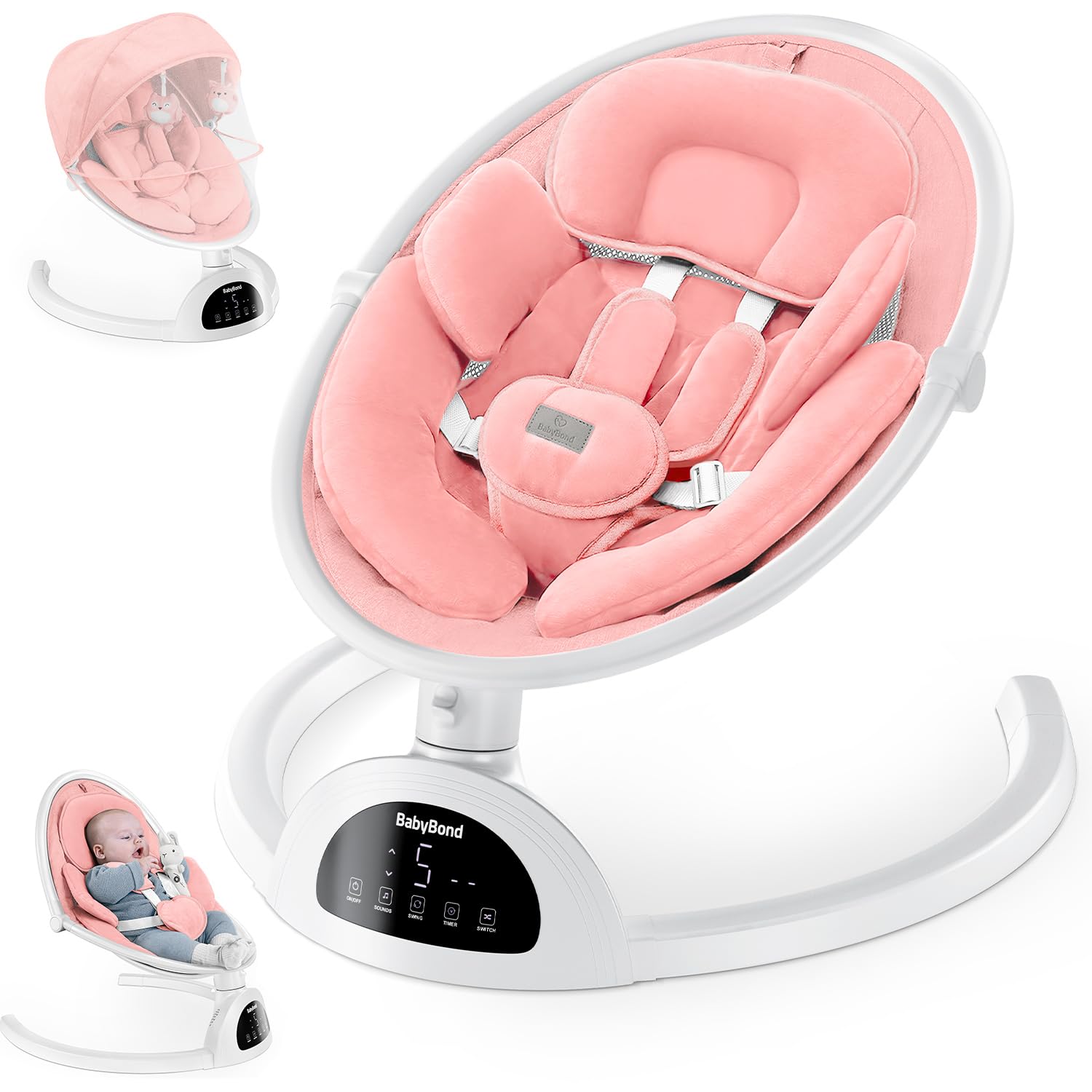 BabyBond Baby Swings for Infants, Bluetooth Infant Swing with Music Speaker, 3 Seat Positions, 5 Point Harness Belt, 5 Speeds and Remote Control - 1 Pcs (Pink)