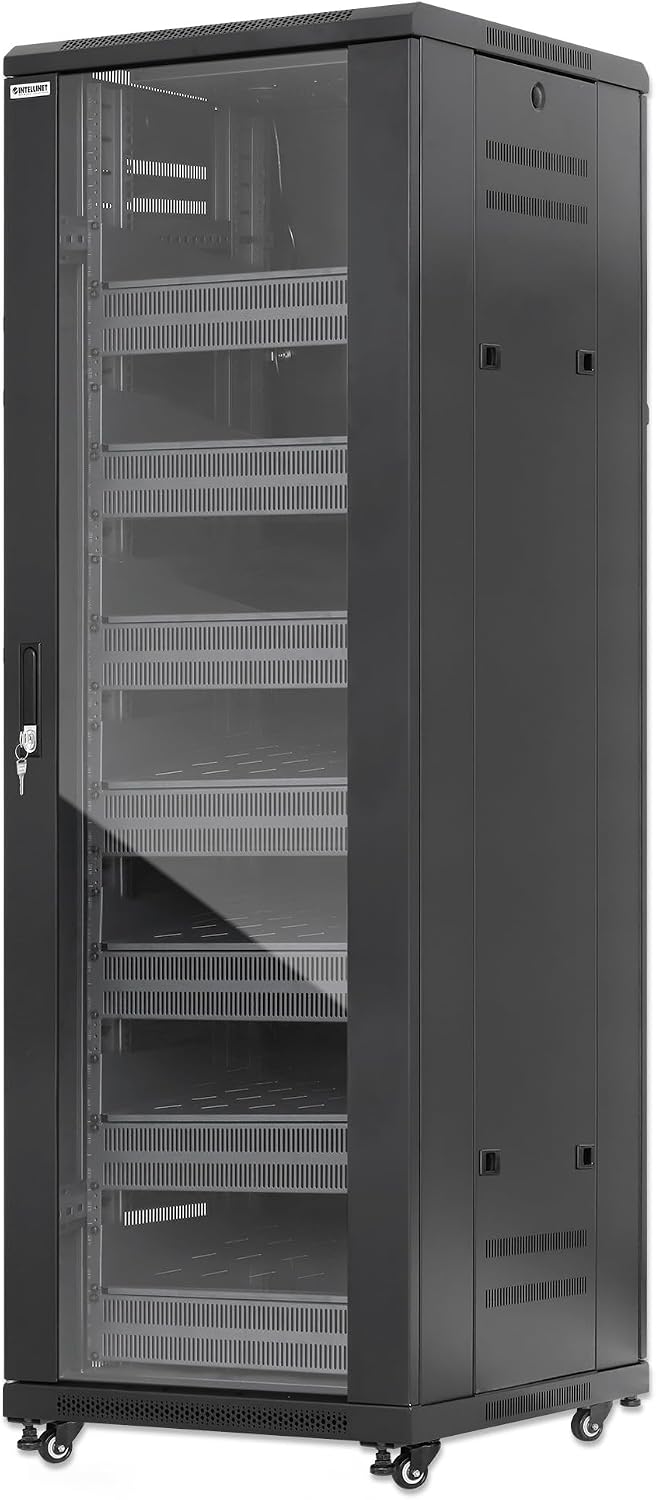 Intellinet 38U Network Server Rack Enclosure Cabinet with Integrated Fans – IP20 Rated, Reversible Tempered-Glass Front Door, Removable Side Panels – 3 Yr Mfg Warranty