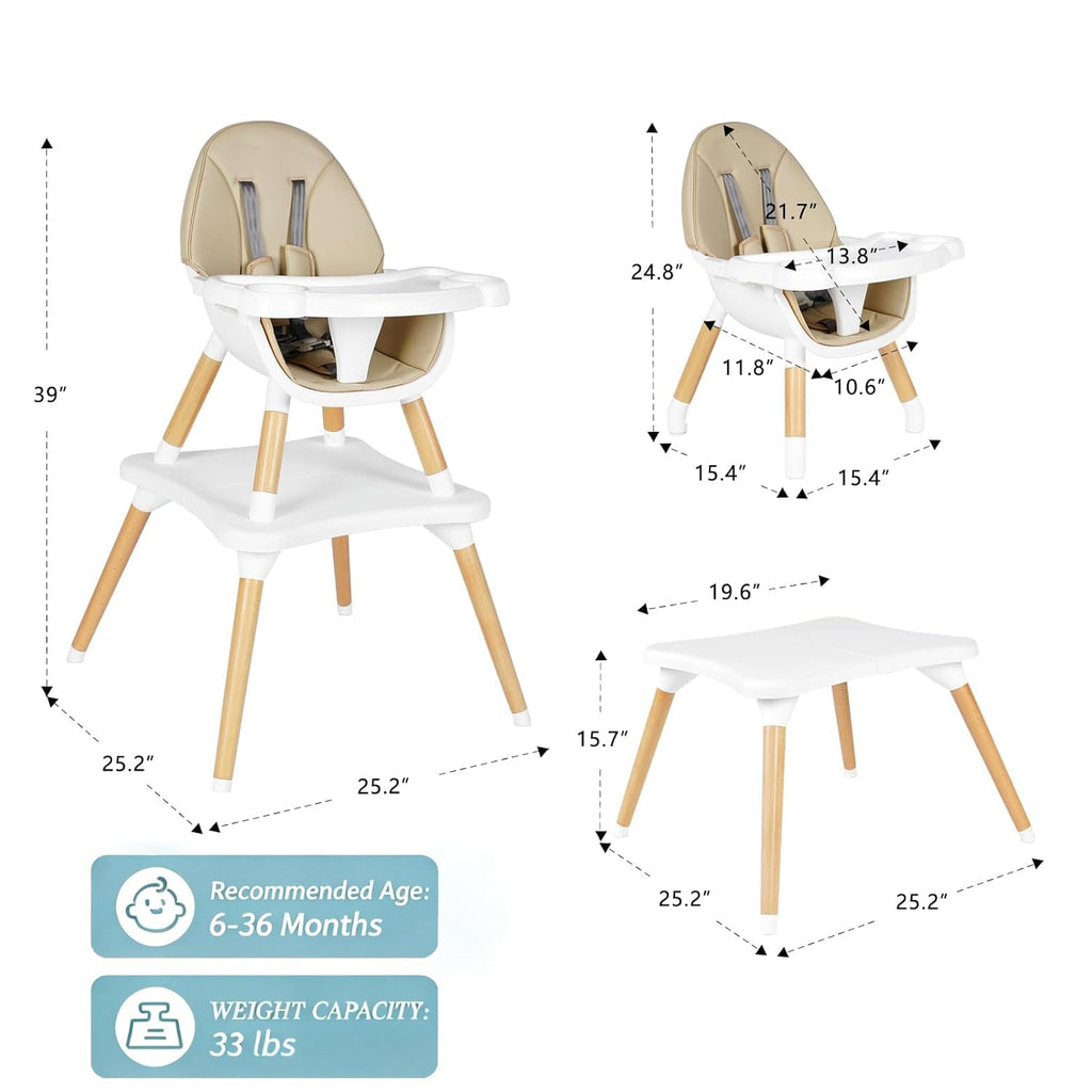 6 in 1 High Chair for Babies & Toddlers, Convertible Wooden Baby Highchair, Table and Chair Set, Baby Feeding Chair, 5-Point Adjustable Harness/4-Position Removable Tray& PU Seat Cushion(Beige)