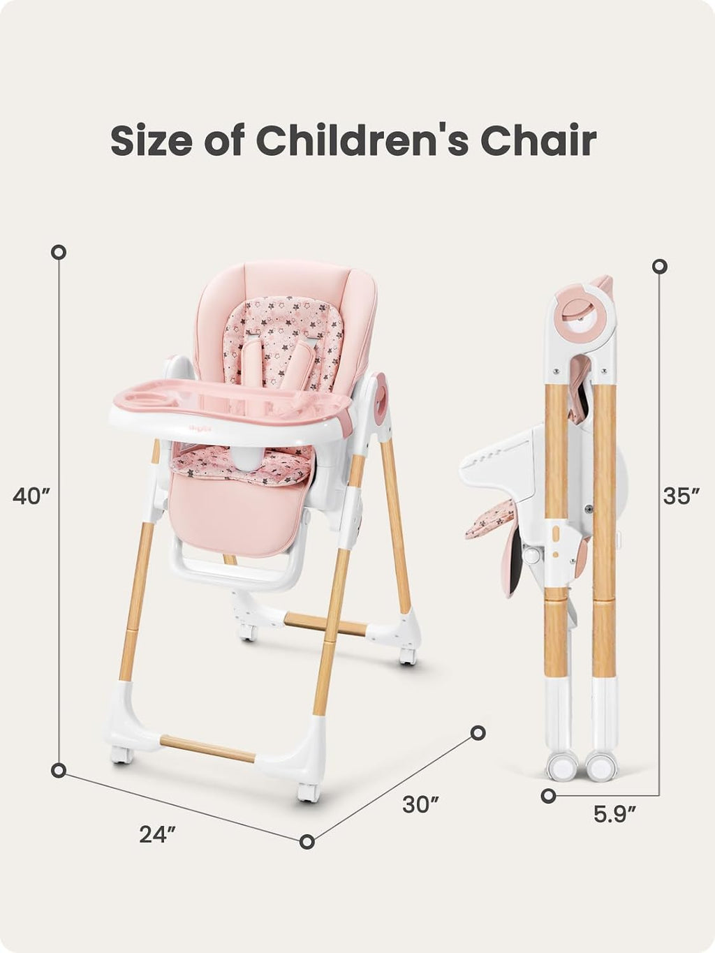 Babilous Foldable High Chair with Soft Cushion, High Chairs for Babies and Toddlers, Height Adjustable Feeding Chair, Adjustable Backrest and Footrest, Lockable Wheels, Woodgrain Star Pink