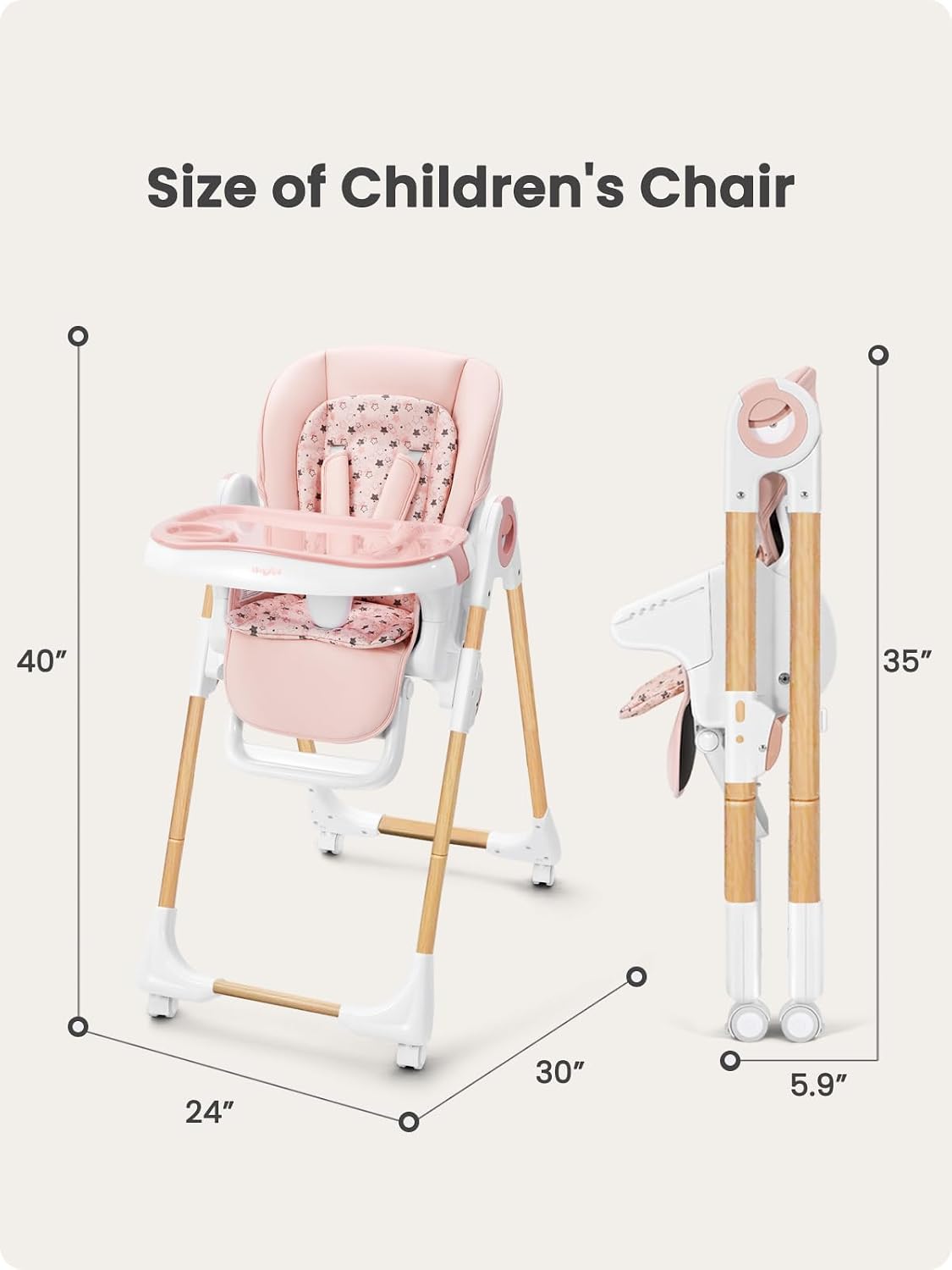 Babilous Foldable High Chair with Soft Cushion, High Chairs for Babies and Toddlers, Height Adjustable Feeding Chair, Adjustable Backrest and Footrest, Lockable Wheels, Woodgrain Star Pink