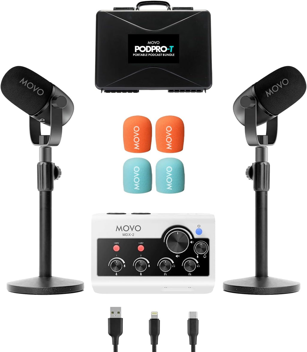 Movo Portable Podcast Equipment Bundle for iPhone/Android Phones- Podcast Kit with Audio Interface, 2 CastMic Dynamic Mics, 2 Table Stands - For Smartphones, Computers, PC, Mac - Lightning, USB, USB-C