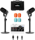 Movo Portable Podcast Equipment Bundle for iPhone/Android Phones- Podcast Kit with Audio Interface, 2 CastMic Dynamic Mics, 2 Table Stands - For Smartphones, Computers, PC, Mac - Lightning, USB, USB-C