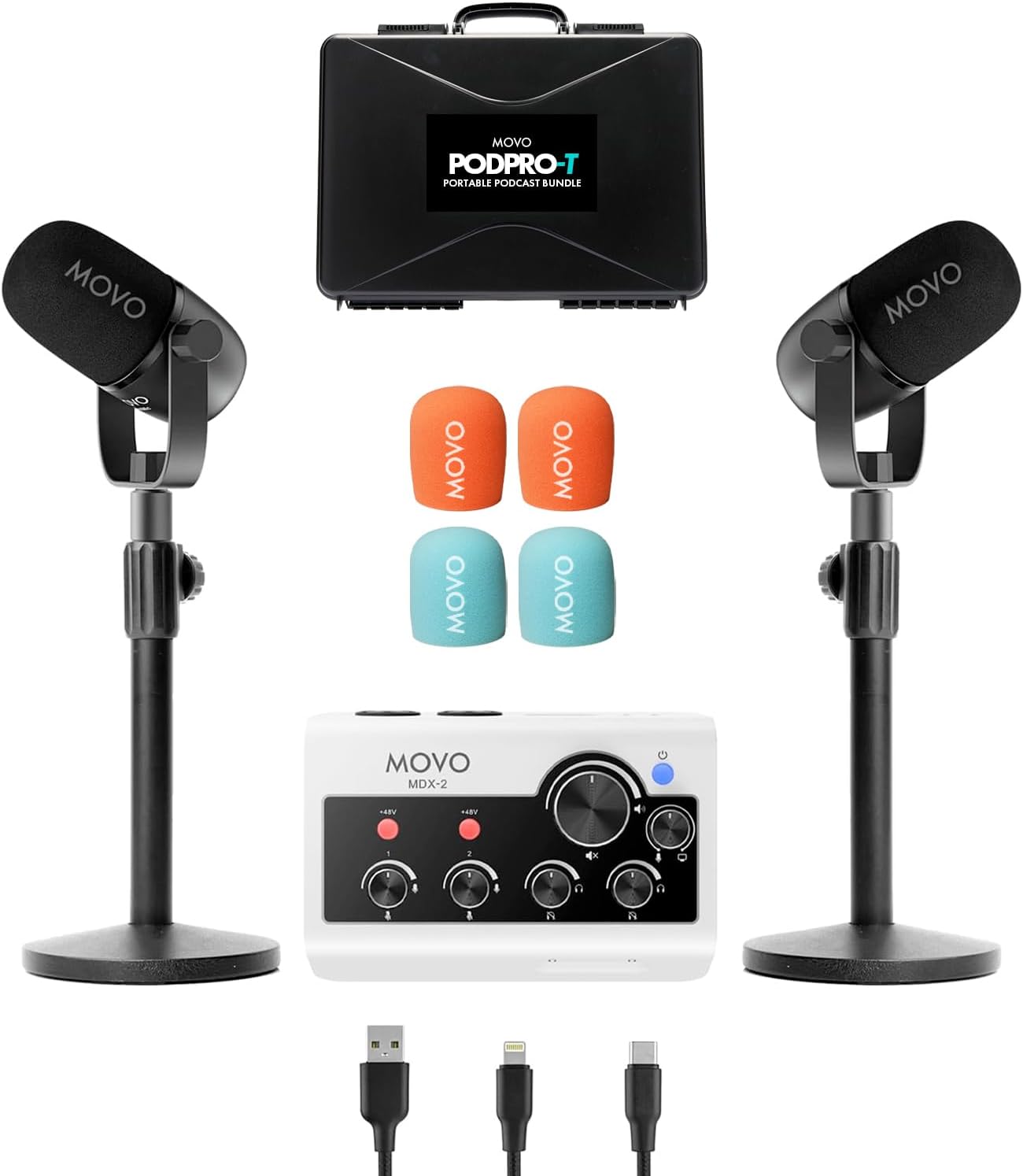 Movo Portable Podcast Equipment Bundle for iPhone/Android Phones- Podcast Kit with Audio Interface, 2 CastMic Dynamic Mics, 2 Table Stands - For Smartphones, Computers, PC, Mac - Lightning, USB, USB-C