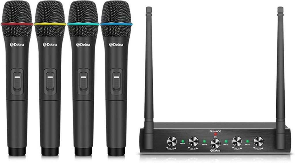 Debra Audio Pro UHF 4 Channel Wireless Microphone System with Cordless Handheld Lavalier Headset Mics, Metal Receiver, Ideal for Karaoke Church Party(with 4 Handheld (B))