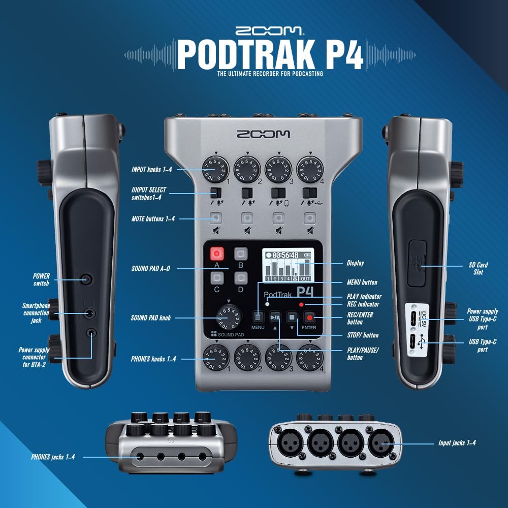 Zoom PodTrak P4 Portable Multitrack Podcast Recorder, Audio Interface w/ 4 Mic Inputs, 4 Headphone Outputs with 64GB SD, 4X Zoom Podcast Mic Pack, 4X Pop Filter Set, 4AA Rechargeable Batteries & More