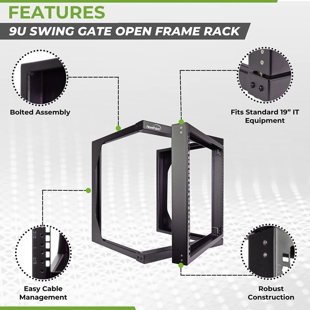 NavePoint 9U Open-Frame Server Rack for 19' IT Network Equipment & A/V Devices Free Standing or Wall Mount with 180 Degrees Gate Swing, Black