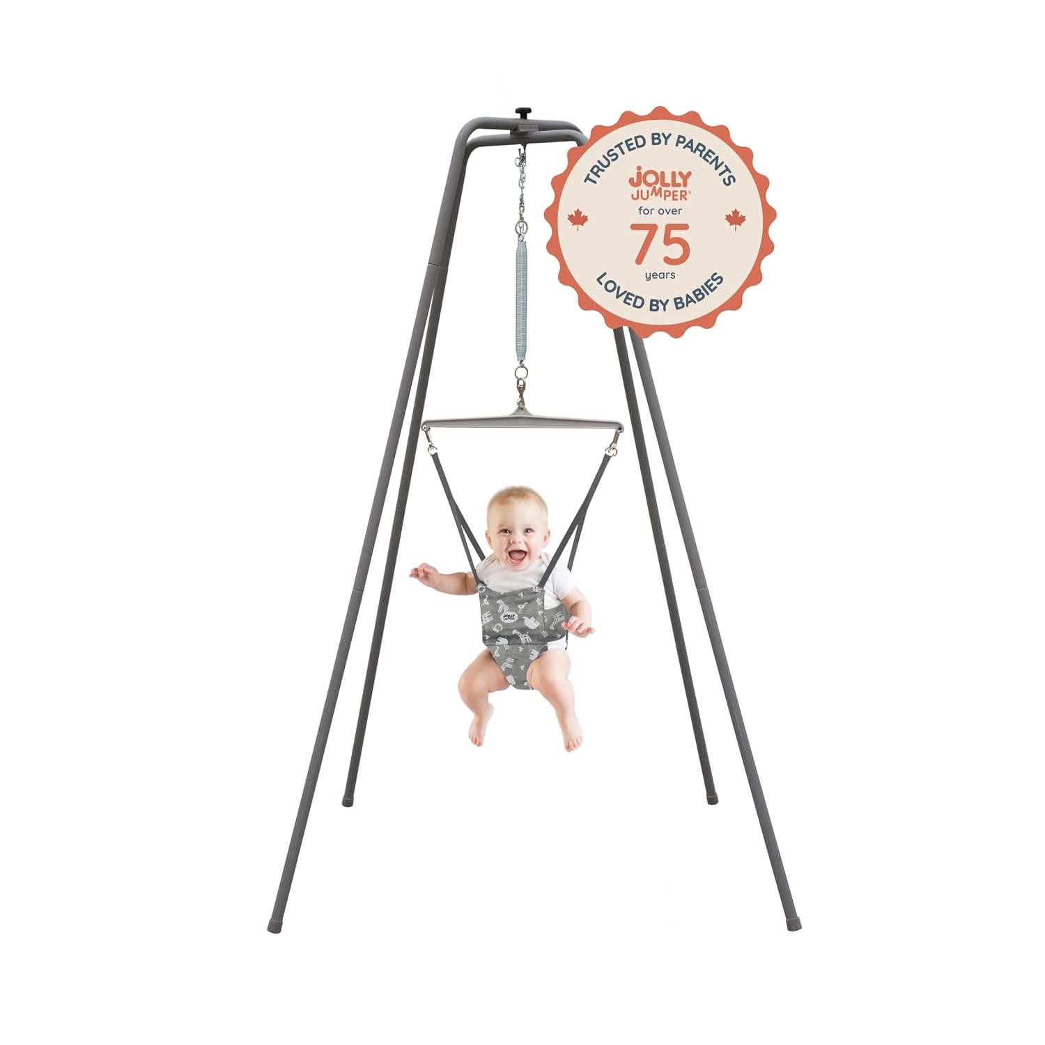 Jolly Jumper Elite (Grey Safari) Baby Exerciser - Sturdy Frame, 6 ft Tall Stand Baby Jumper, Indoor and Outdoor Exercise Saddle Seat, Adjustable Height, for Infants up to 28lbs