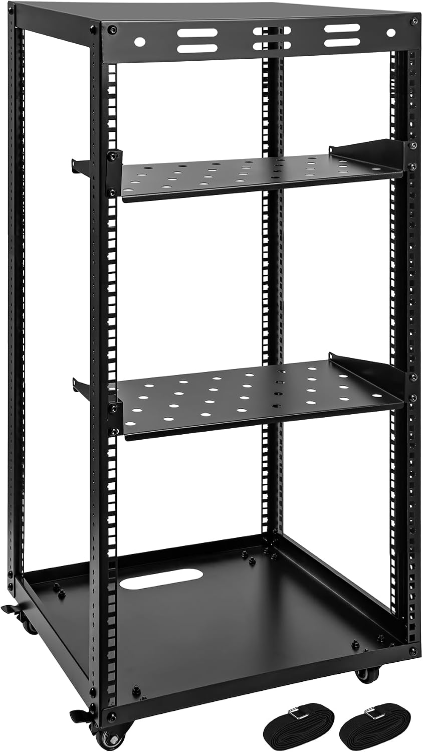 20U Server Rack w/ 2 Racks, Versatile Open Frame IT Rack - Wall-Mount, Rotate and Push w/Ease, AV Rack w/Top & Bottom Panels, Hook and Loop Straps for 19' Stereo/Data/IT/Computer Equipment