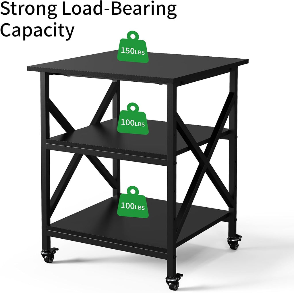 3 Tier Printer Stand, Large Table with Wheels, Rolling Cart with Height Adjustable Middle Storage Shelf, 23.6 x 23.6 x 30.3 Inches Shelf for Home Office, Black