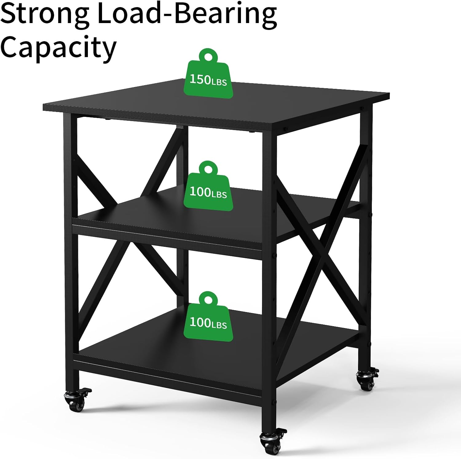 3 Tier Printer Stand, Large Table with Wheels, Rolling Cart with Height Adjustable Middle Storage Shelf, 23.6 x 23.6 x 30.3 Inches Shelf for Home Office, Black