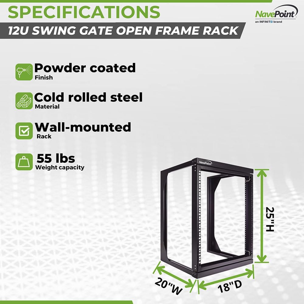 NavePoint 12U Open Frame Server Rack for 19' IT Network Equipment & A/V Devices, Free Standing or Wall Mount Rack with 180 Degrees Gate Swing, Black