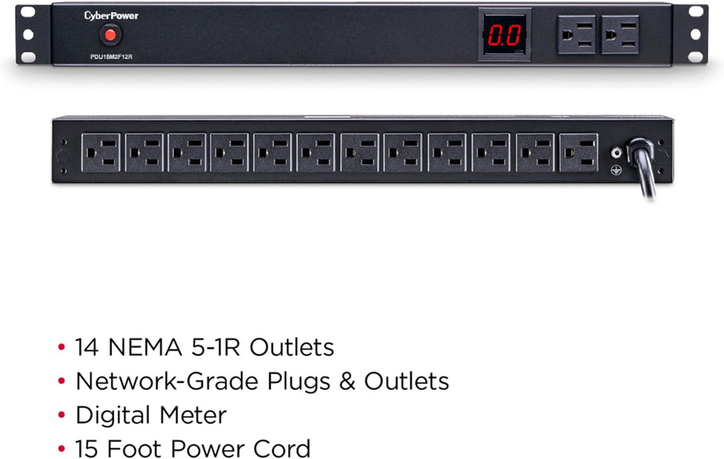 CyberPower PDU15M2F12R Metered PDU, 100-125V/15A (Derated to 12A), 14 Outlets, 1U Rackmount, 15 Foot Power Cord