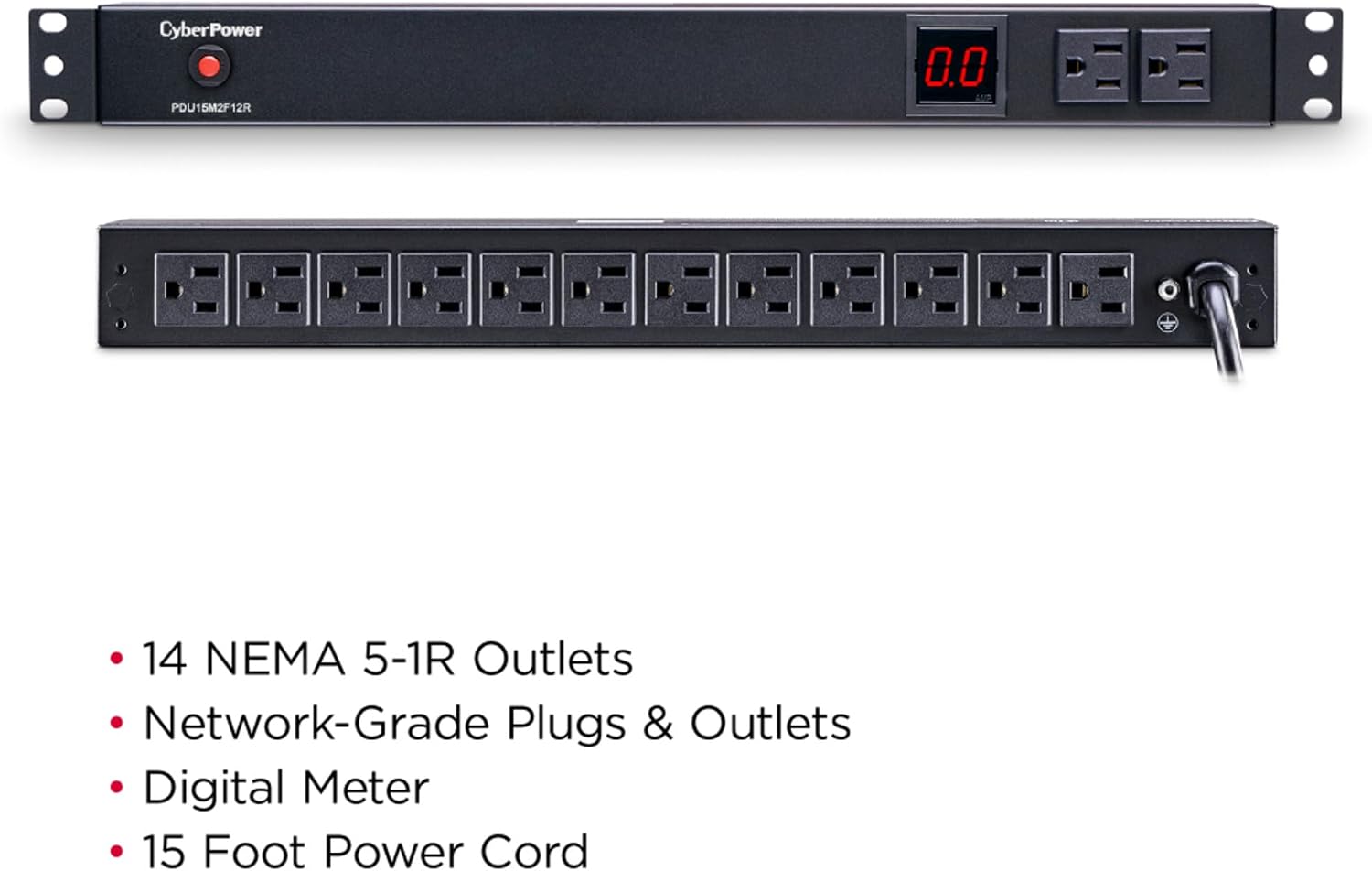 CyberPower PDU15M2F12R Metered PDU, 100-125V/15A (Derated to 12A), 14 Outlets, 1U Rackmount, 15 Foot Power Cord