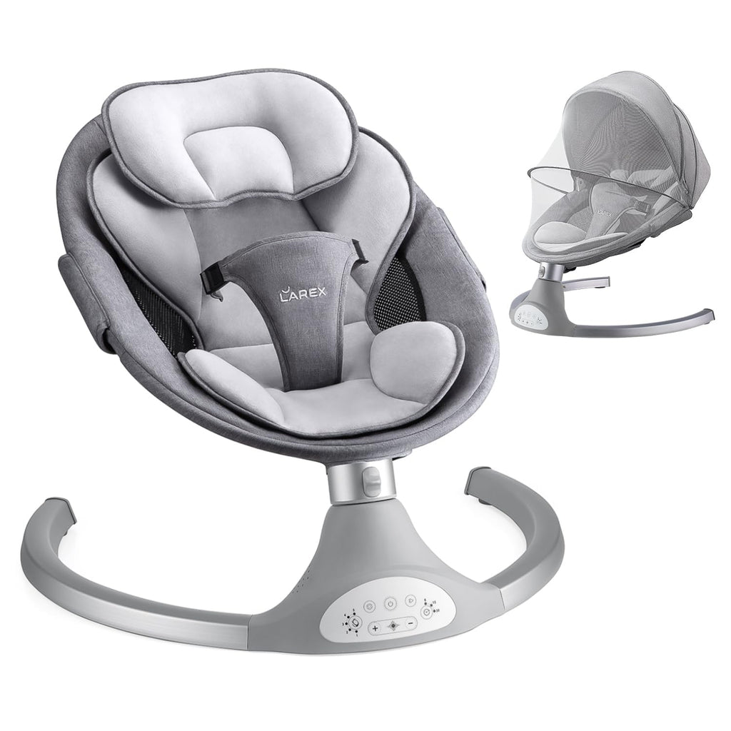 LAREX Baby Swing Infant Swing Electric Toddler Baby Rocker Portable for Newborn Boy Girl, 5 Sway Speeds with Remote Control, 10 Preset Melodies and Bluetooth, 0-6 Months Max 20 Lbs (Gray)