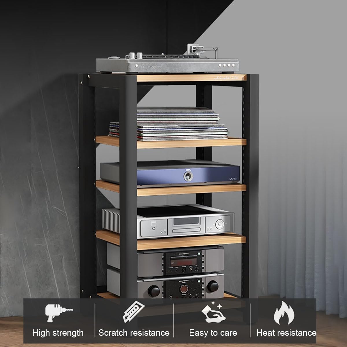 2/3/4/5 Tier Audio Cabinet Record Player Stand Audio Rack, AV Component Media Stand, Tower Player Stand, Home Stereo Rack System With Height-Adjustable Shelf, For DVD Players TV Box Game Console(Black