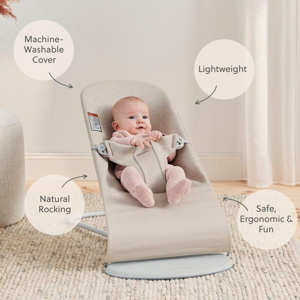 BabyBjörn Bouncer Bliss, Light Beige, 3D Jersey | 2-in-1 Adjustable Baby Bouncer Seat and Toddler Chair, Newborn to Toddler (8-29 lbs), 4 Positions, Lightweight & Portable
