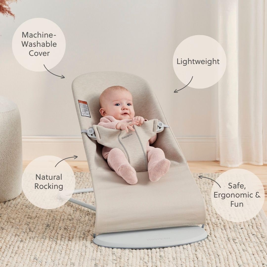 BabyBjörn Bouncer Bliss, Light Beige, 3D Jersey | 2-in-1 Adjustable Baby Bouncer Seat and Toddler Chair, Newborn to Toddler (8-29 lbs), 4 Positions, Lightweight & Portable