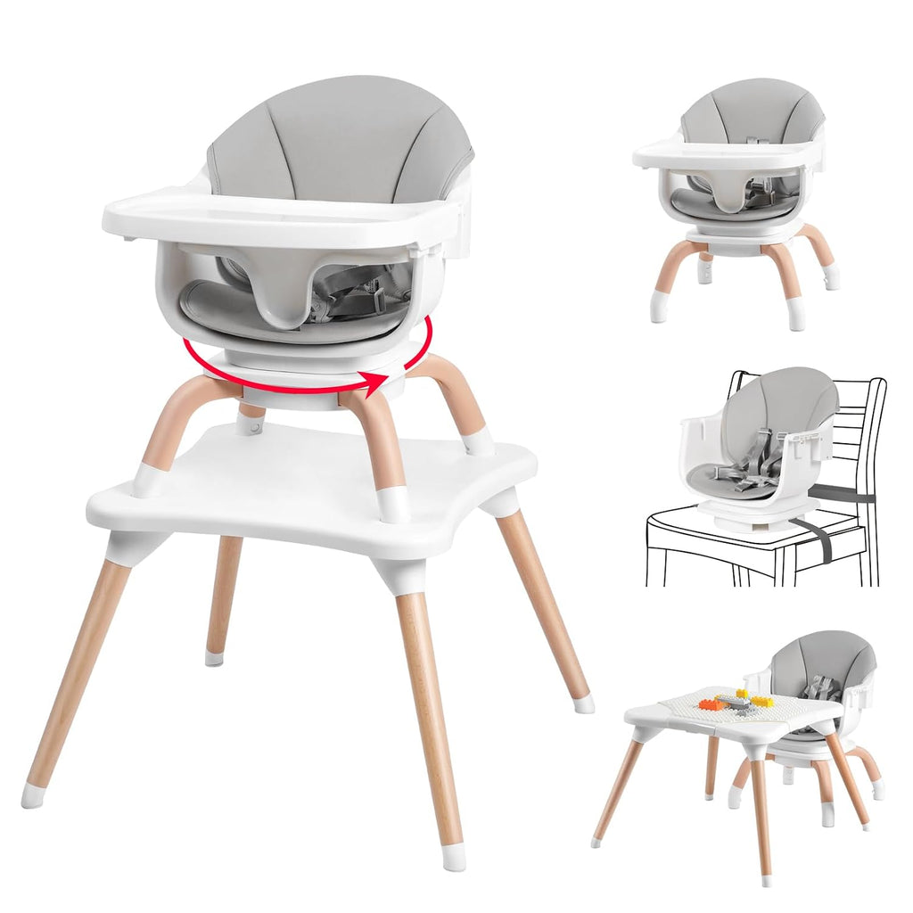 Baby High Chair, 7 in 1 Convertible High Chairs for Babies and Toddlers, Kids Learning Table, Building Block Table, Toddler Dining Chair with 360° Rotating Seat, 5-Point Safety Harness (Grey)
