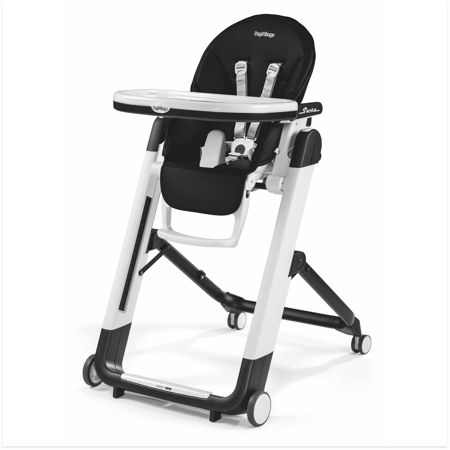 Peg Perego Siesta, Grow With Baby Folding High Chair & Recliner, Height Adjustable, Quick Clean & Easy Push Wheels For Babies & Toddlers, Made in Italy, Licorice (Black)