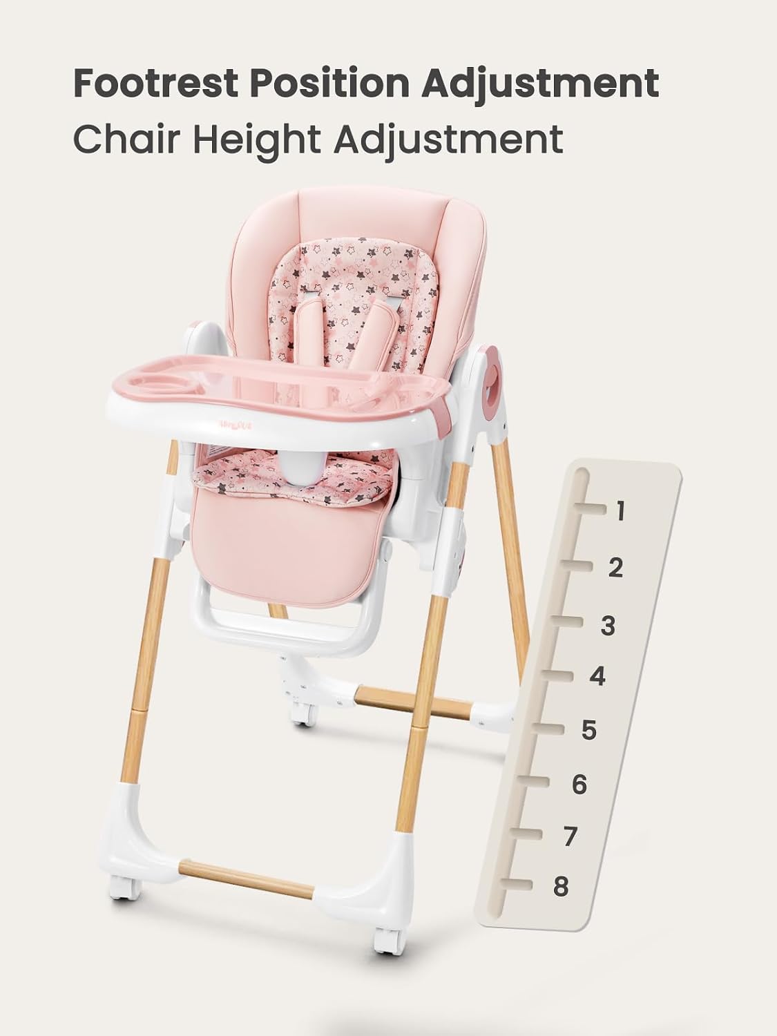 Babilous Foldable High Chair with Soft Cushion, High Chairs for Babies and Toddlers, Height Adjustable Feeding Chair, Adjustable Backrest and Footrest, Lockable Wheels, Woodgrain Star Pink