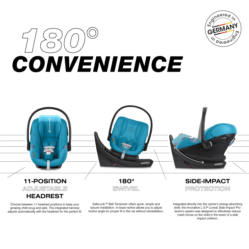 Cybex Aton G Swivel Infant Car Seat with 180-Degree Rotate, Linear Side-Impact Protection, 11-Position Headrest, SensorSafe & Safelock Base, Beach Blue