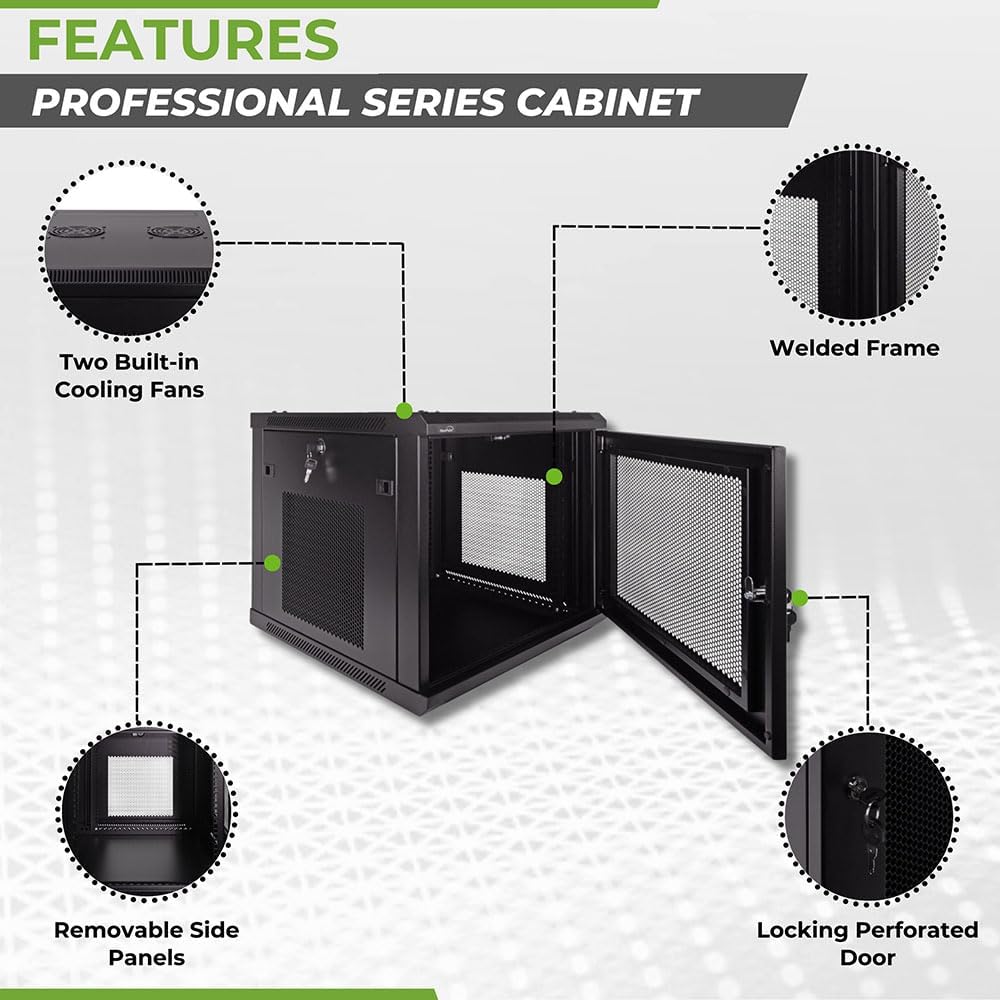 Navepoint 9U Deluxe IT Wallmount Cabinet Enclosure 19-Inch Server Network Rack with Locking Perforated Door 24-Inches Deep Black