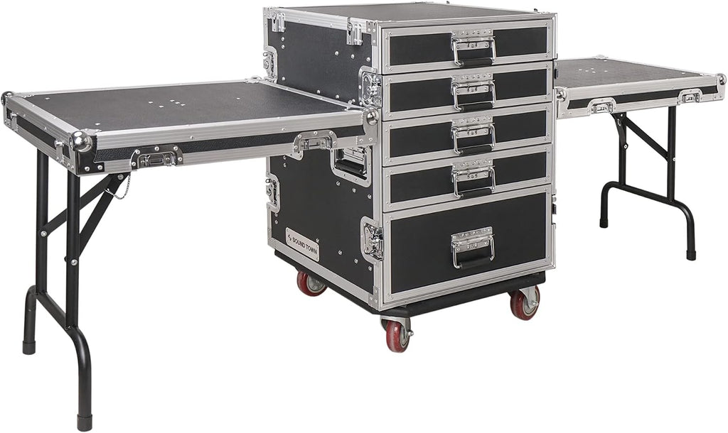 Sound Town Enhanced Thickness 1/2' (12mm) Plywood Road Case with 5-Drawer and Two Tables for Customizable Stage and Studio Utility Equipment Storage, Pro Tour Grade (STRC-PROW2T5D)